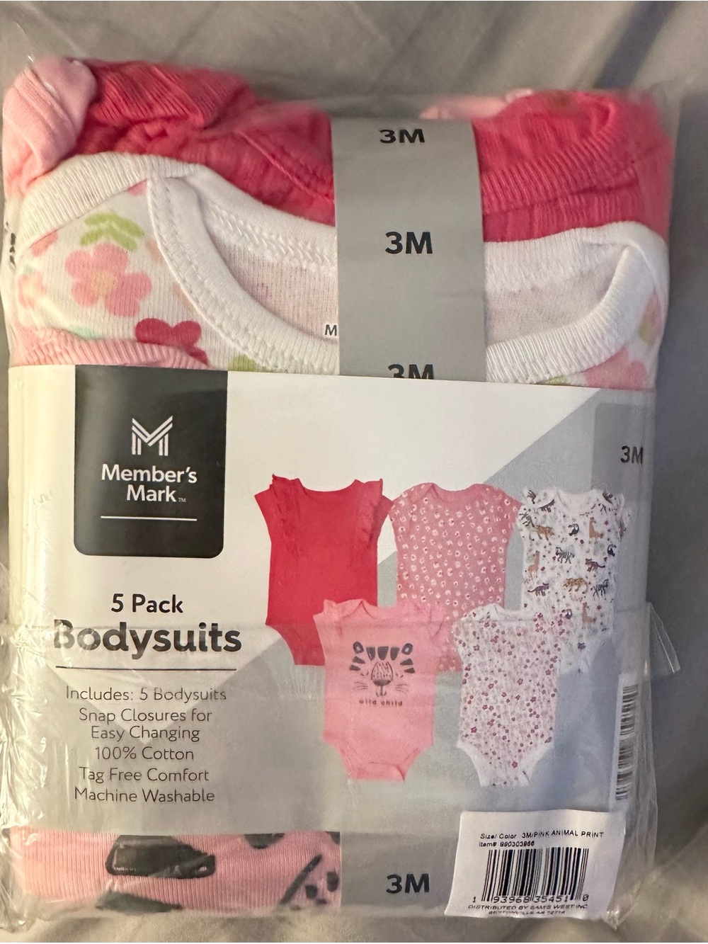 Member's Mark 5-Pack Pink Baby Bodysuits - 3M